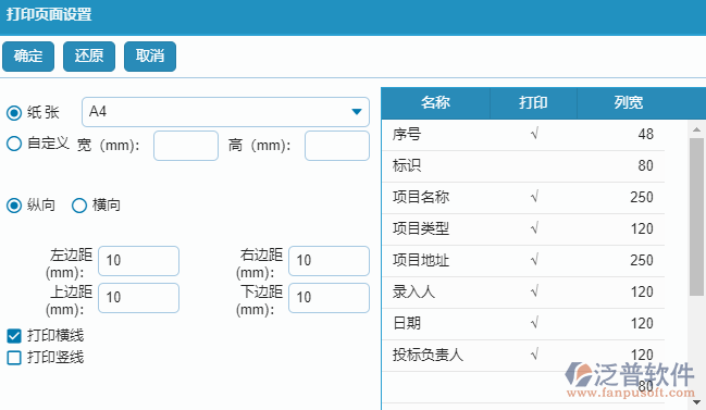 項(xiàng)目信息查詢報(bào)表頁(yè)面打印設(shè)置
