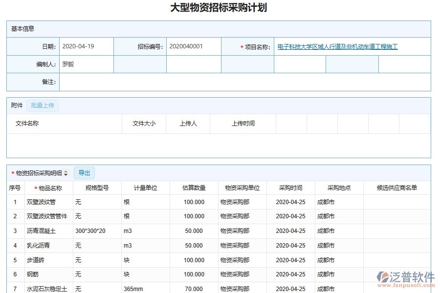 泛普軟件的市政工程企業(yè)管理系統(tǒng)如何有效提高招標(biāo)計劃中大型物資采購計劃的管理