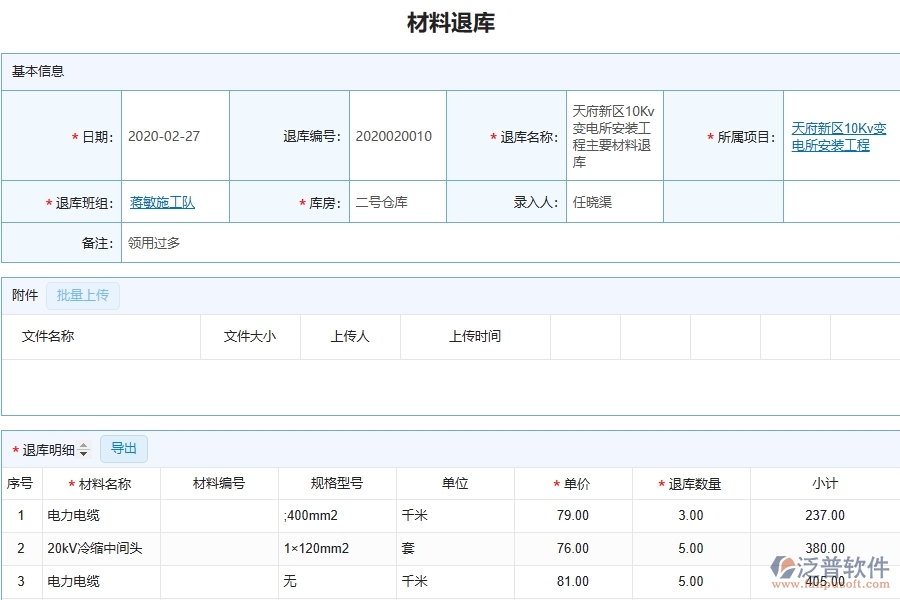 設(shè)備安裝工程項(xiàng)目管理系統(tǒng)在材料退庫列表中的核心功能