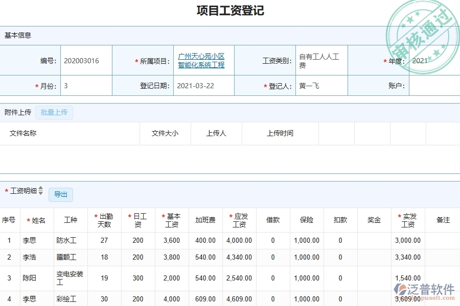 三、泛普軟件-園林工程企業(yè)管理系統(tǒng)中的項(xiàng)目工資列表主要內(nèi)容