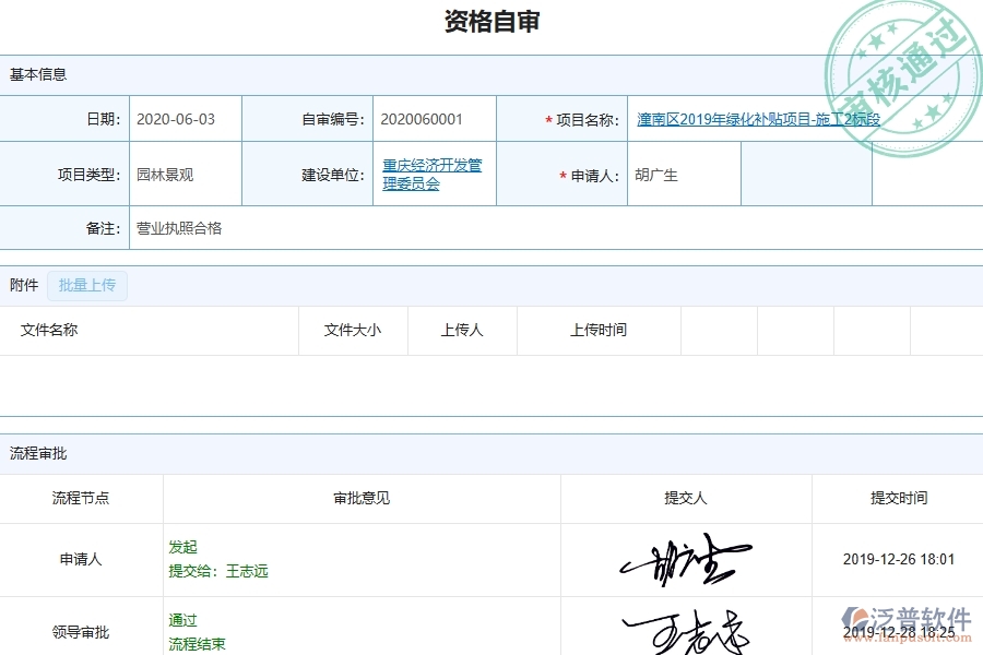 三、泛普軟件-園林工程企業(yè)管理系統(tǒng)中的資格自審列表主要內(nèi)容