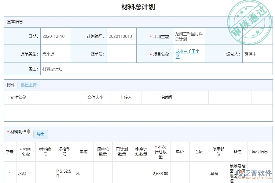 三、泛普軟件-機(jī)電工程管理系統(tǒng)在材料執(zhí)行情況表(按總計劃)中的解決方案