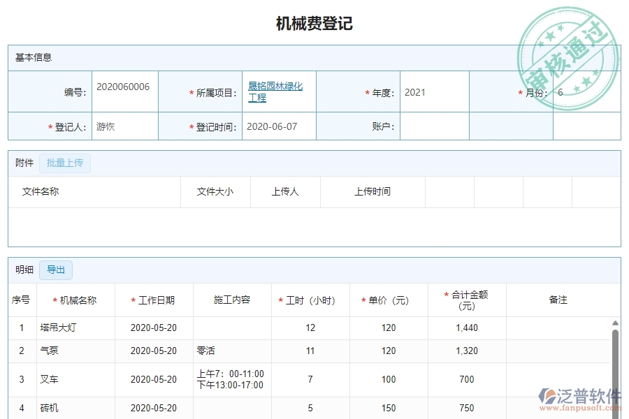 三、泛普軟件-園林工程企業(yè)管理系統(tǒng)項目機械費明細表的管控點作用