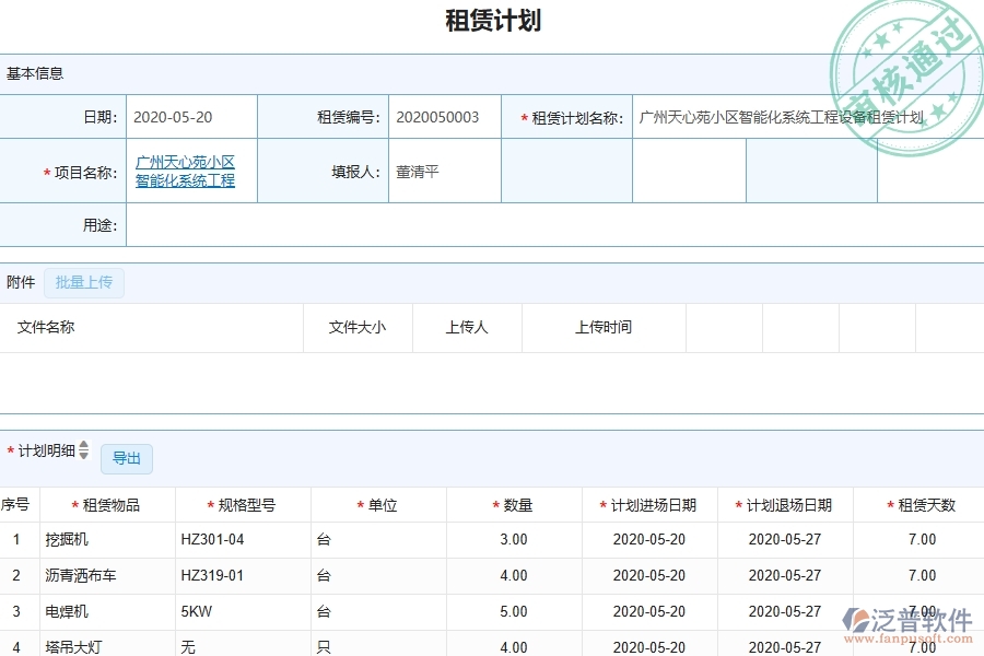 三、泛普軟件-幕墻工程企業(yè)管理系統(tǒng)中的租賃計劃列表主要內(nèi)容