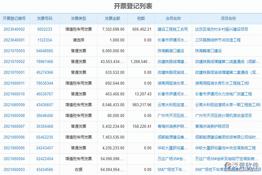 二、泛普軟件-幕墻工程企業(yè)管理系統(tǒng)中開(kāi)票登記列表的價(jià)值