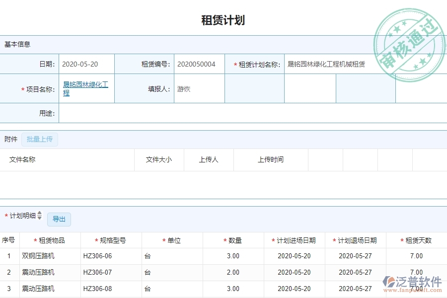 三、泛普軟件-園林工程企業(yè)管理系統(tǒng)的租賃合同的管控點(diǎn)