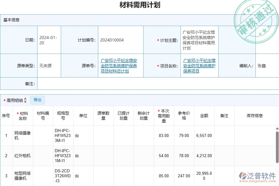 三、安防工程企業(yè)使用了泛普軟件-工程材料需用計劃列表軟件的好處是什么