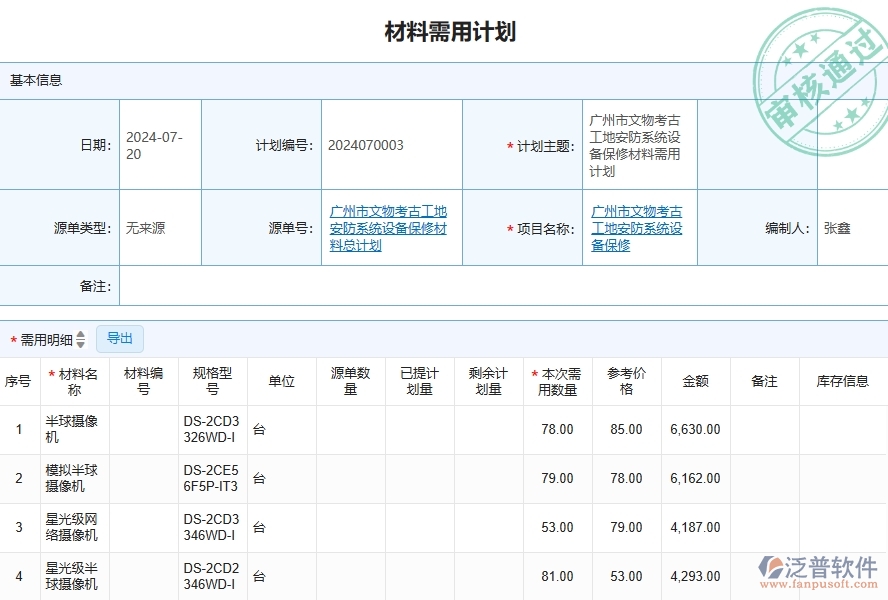 四、泛普軟件-安防工程企業(yè)材料需用計劃列表的重要性