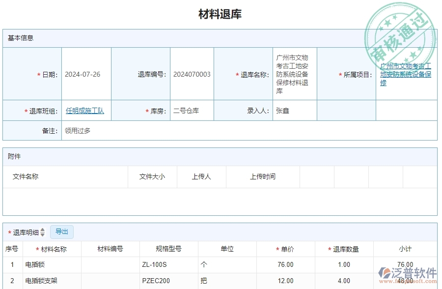 三、泛普軟件-安防工程企業(yè)管理系統(tǒng)材料退庫明細(xì)查詢的管控點(diǎn)及作用