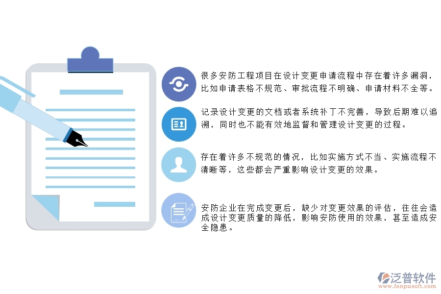 　　一、 多數(shù)安防企業(yè)在設計變更管理中存在的漏洞  　　1、很多安防工程項目在設計變更申請流程中存在著許多漏洞，比如申請表格不規(guī)范、審批流程不明確、申請材料不全等。  　　2、記錄設計變更的文檔或者系統(tǒng)補丁不完善，導致后期難以追溯，同時也不能有效地監(jiān)督和管理設計變更的過程。  　　3、在安防工程企業(yè)中，審批權的分配不夠明確，導致審批不及時或者超時等問題的出現(xiàn)，對設計變更的推進造成了一定的阻礙。  　　4、存在著許多不規(guī)范的情況，比如實施方式不當、實施流程不清晰等，這些都會嚴重影響設計變更的效果。  　　5、安防企業(yè)在完成變更后，缺少對變更效果的評估，往往會造成設計變更質量的降低，影響安防使用的效果，甚至造成安全隱患。  　　6、缺乏完善的告知機制，導致團隊成員之間出現(xiàn)溝通不暢、信息傳遞不及時的問題，影響設計變更的推進。  　　7、安防企業(yè)在設計變更過程中，控制不夠嚴格，對一些未經批準的變更行為進行了遷就和縱容，導致變更效果不佳，甚至可能引起安全隱患。  　　二、泛普軟件-安防工程項目系統(tǒng)在設計變更管理中的方案  　　1、建立標準化的設計變更流程和規(guī)范，包括設計變更申請、審核、決策、實施和監(jiān)管等環(huán)節(jié)，使員工在變更管理中合理有序地進行工作。  　　2、加強溝通和協(xié)調，確保各個部門和人員之間的信息交流和共享。針對設計變更的問題，積極開展協(xié)商，并及時給出解決方案。  　　3、泛普軟件建立嚴格的審核控制機制，確保設計變更的質量和安全性。審核應該對設計變更的必要性、可行性、安全性、質量及經濟性等方面進行綜合考慮。  　　4、確立明確的指引和責任體系，使員工在變更管理中知道要做什么，怎么做，以及誰負責。指引和責任應該覆蓋變更管理的各個環(huán)節(jié)。  　　5、建立變更追蹤機制，及時記錄變更發(fā)生的原因、變更量、變更方案及結果等信息，以便于掌握變更發(fā)展趨勢和變更效果。  　　6、安防工程項目系統(tǒng)應充分考慮變更的價值，了解變更的目的和意義，及時調整變更方案，以便達到最佳效果。  　　7、提供必要的技術和知識支持，包括技術規(guī)范、指南、工具和培訓等。  　　三、泛普軟件-安防工程企業(yè)管理系統(tǒng)中的設計變更管理內容  　　1、對于項目中的所有變更設計，應該進行識別和編號，以方便統(tǒng)計、審核和管理。編號應該與原有設計文檔相關，便于跟蹤變更歷史。  　　2、設計變更申請流程應該明確，包括變更申請人、變更內容、變更原因、變更影響和審核程序等，方便后續(xù)跟蹤和記錄。  　　3、泛普軟件建立嚴格的變更審核和審批程序，確保變更的合法性和可行性。包括設計文件修改記錄和設計變更的完整性檢查。  　　4、及時通知有關部門，確保所有相關人員可以了解變更內容和影響，及時做出調整。針對設計變更出現(xiàn)的問題，應及時進行溝通和解決。  　　5、進行多方面的控制和跟蹤，尤其是對更改后的設計文件進行管理和保存。對于變更后涉及到的其他單據(jù)和流程也應加以控制和跟蹤。  　　6、及時反饋評估結果，獲取客戶對變更的反饋和評價。同時，還需要對設計變更實施的結果進行審核和評估，確保變更達到預期的目標。  　　四、泛普軟件-安防工程企業(yè)設計變更管理系統(tǒng)的優(yōu)點  　　1、支持在線留言、通知、郵件等方式及時溝通和協(xié)作，減少了傳統(tǒng)設計平臺的紙質交流和時間浪費，提高了管理效率。  　　2、泛普軟件可以上傳、下載文件，實現(xiàn)了數(shù)據(jù)可視化、可追溯、可分享等特點，多人協(xié)作時數(shù)據(jù)共享方便，信息公開透明。  　　3、提供歷史數(shù)據(jù)分析，資料庫存儲、查詢、引用、歸檔等功能，方便工程師針對數(shù)據(jù)進行研究和分析，并為設計的科學性、精細性提供支撐。  　　4、對項目進行完整的變更管理，并支持變更的跟蹤記錄、變更審批進度查看等功能，既保證了工程進度，也保證了工程設計質量。  　　5、設置了項目、組織、流程等多種管理層級，可以將多個項目和組織統(tǒng)一管理，為企業(yè)提供系統(tǒng)化的工程設計變更管理服務。