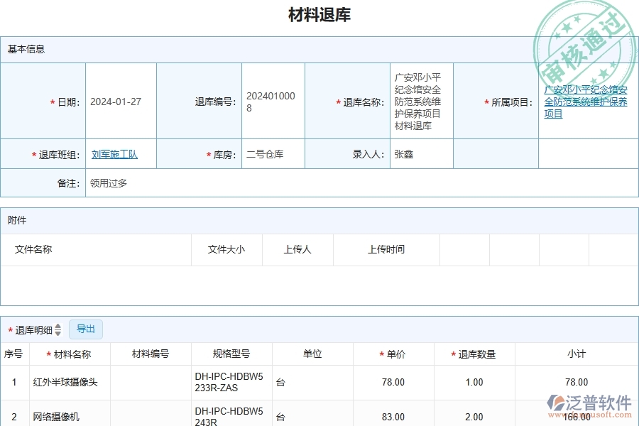 四、泛普軟件-安防工程企業(yè)材料退庫(kù)列表的重要性