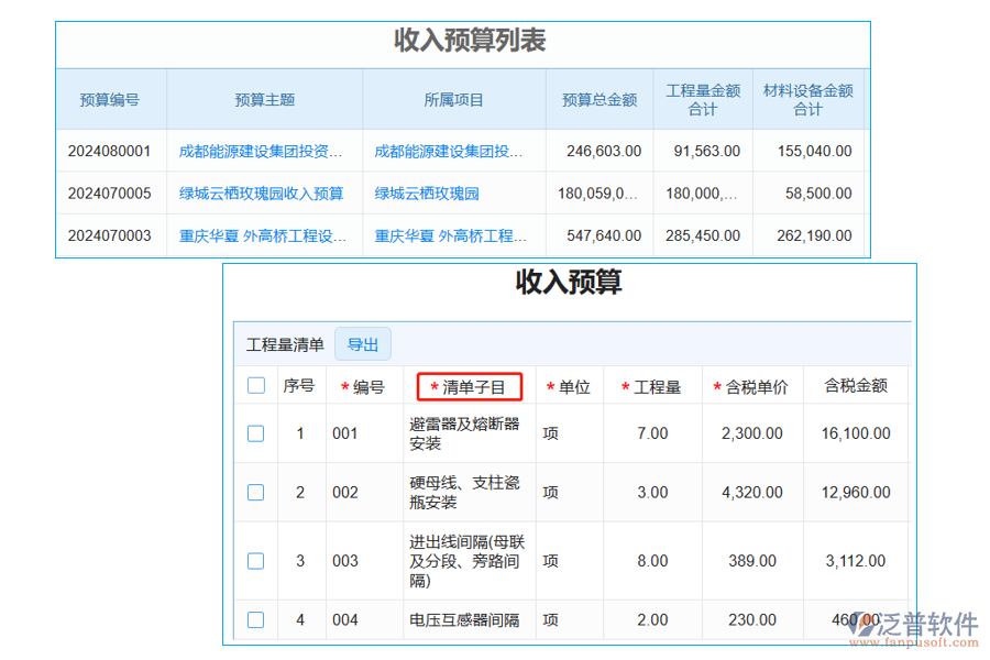 收入預算列表中【清單子目】字段