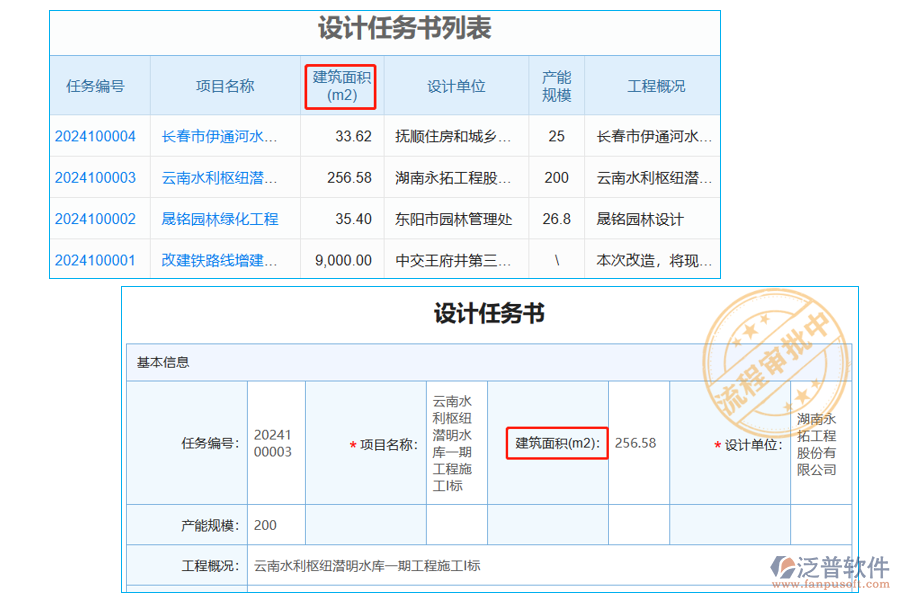 設計任務書列表中【建筑面積】字段